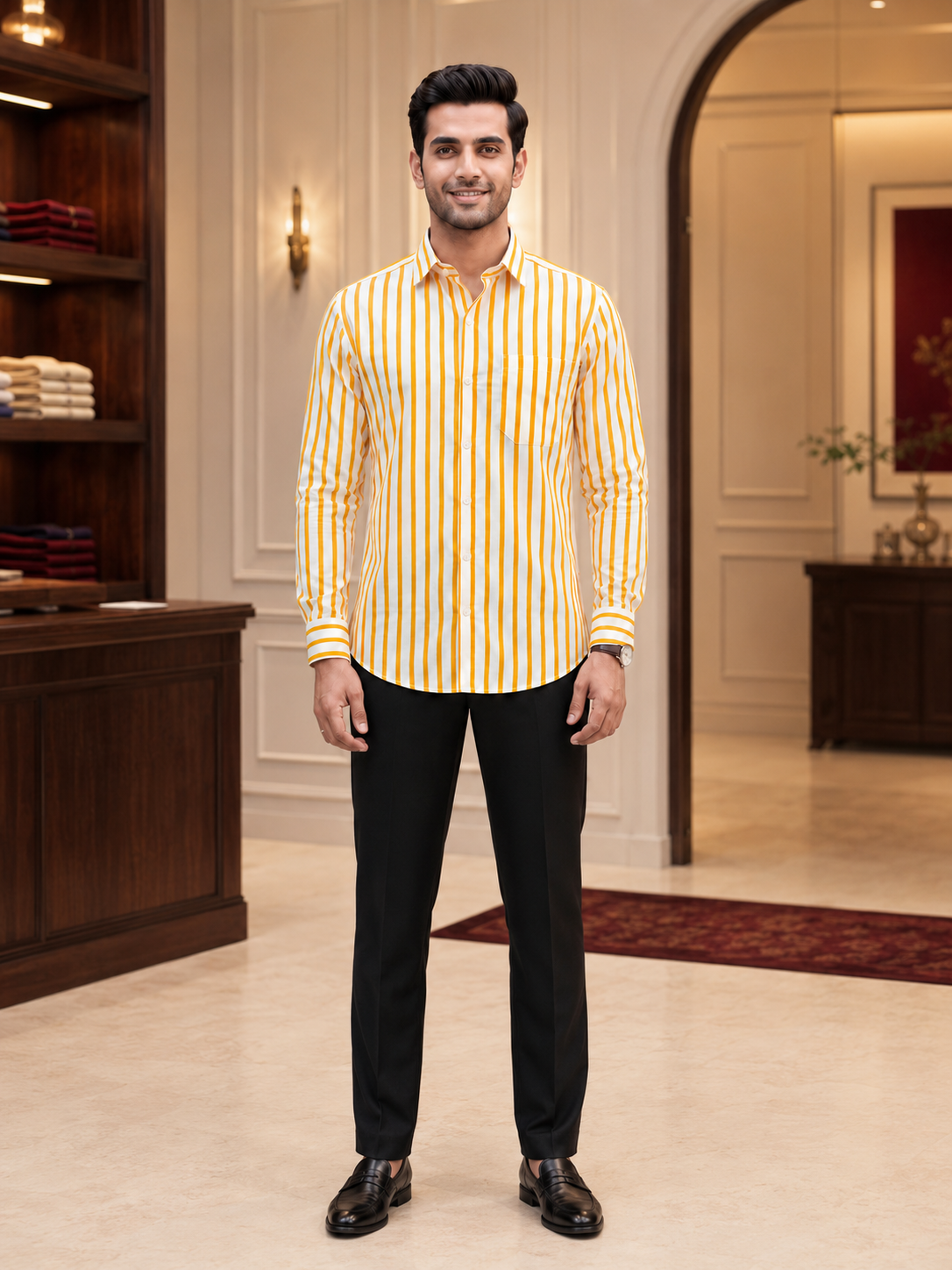SINGH yellow striped men's shirt full front lifestyle view