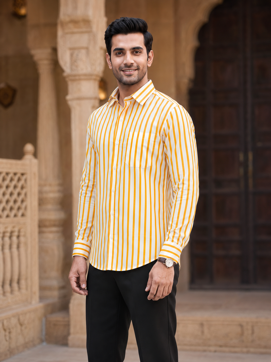 SINGH yellow striped men's shirt 45 degree side view