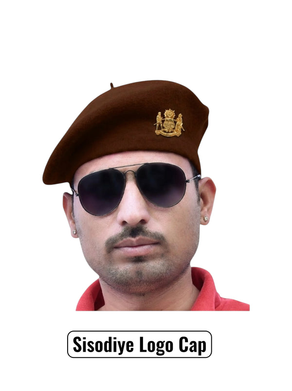Brown cotton beret cap worn at an angle with Sisodiye Logo & Beret Cap for Regal Style