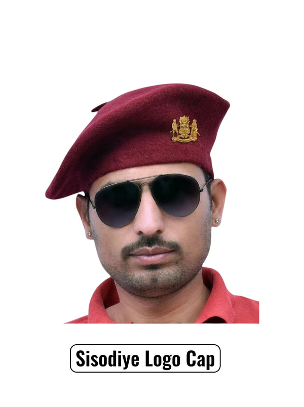 Default maroon beret cap in wool, worn at an angle, featuring the Sisodiye Logo & Beret Cap for Regal Style