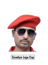 Default red wool beret cap from SINGH at an angle with Sisodiye Logo & Beret Cap for Regal Style