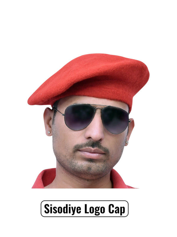 Default red wool beret cap from SINGH at an angle with Sisodiye Logo & Beret Cap for Regal Style