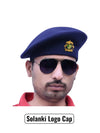 Default navy blue beret cap made of fabric, featuring Solanki Logo & Beret Cap By Singh Brand