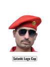 Default red beret cap by Singh brand worn with sunglasses featuring Solanki Logo & Beret Cap By Singh Brand