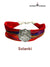 Default red woven fabric bracelet at an angle featuring the Solanki logo moli bracelet