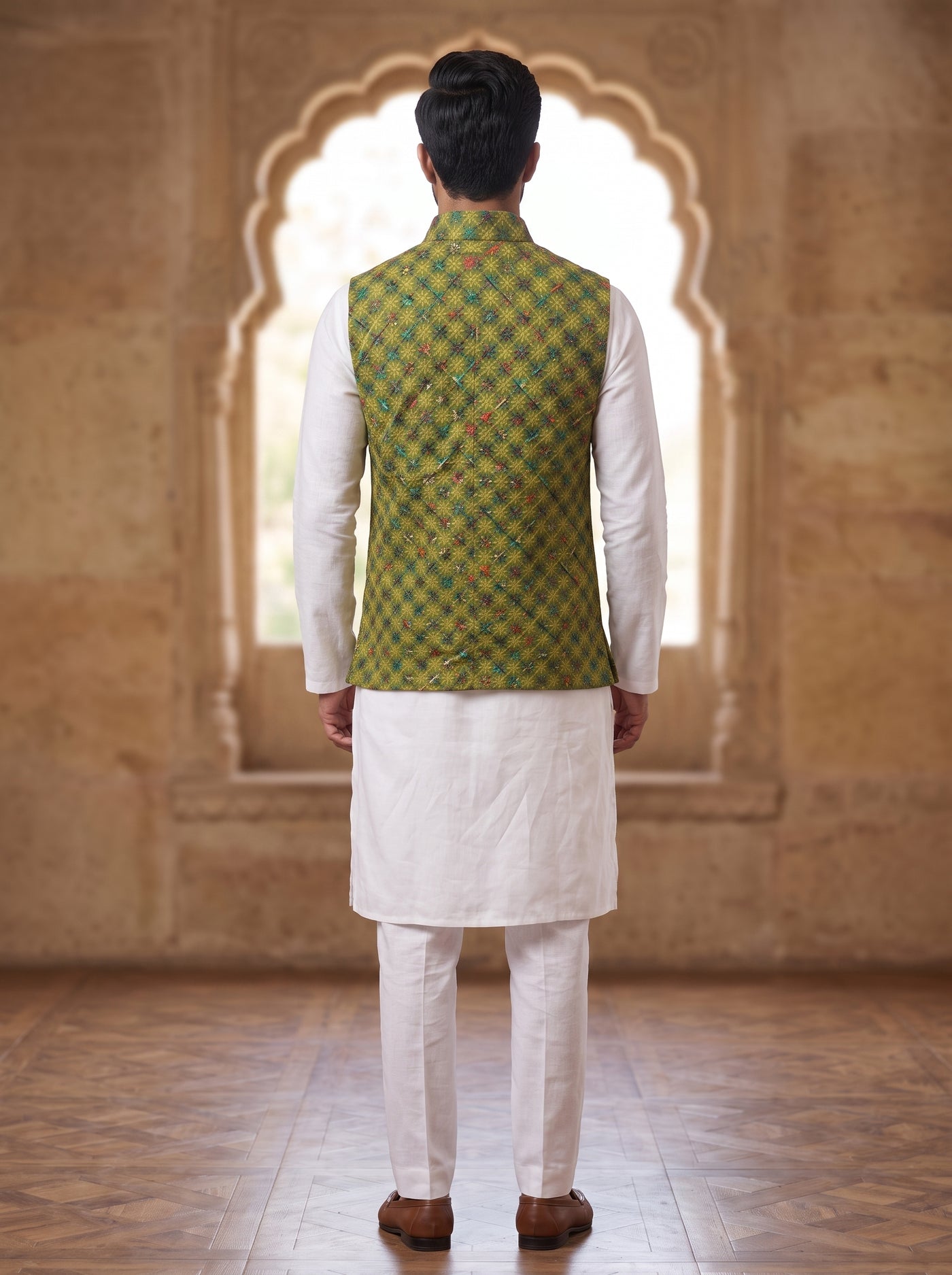 Mens Koti in Green Printed Fabric from Singh, shown from the back, featuring the SPAADAA KOTI-FF-1 design