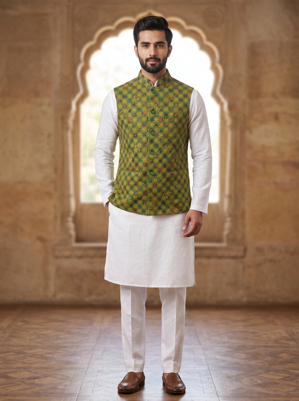 Mens Koti in Green with Patterned Fabric, Front View - SPAADAA KOTI-FF-1