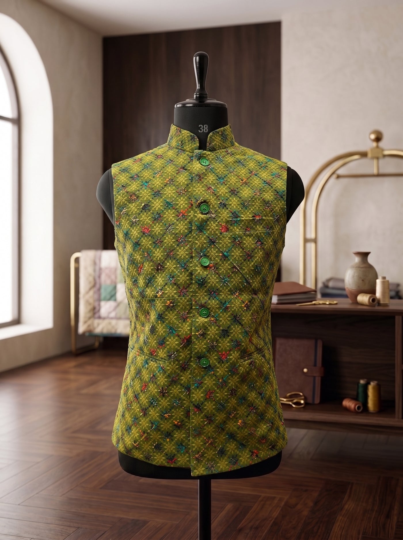 Mens Koti in green fabric with intricate patterns, frontal view featuring SPAADAA KOTI-FF-1
