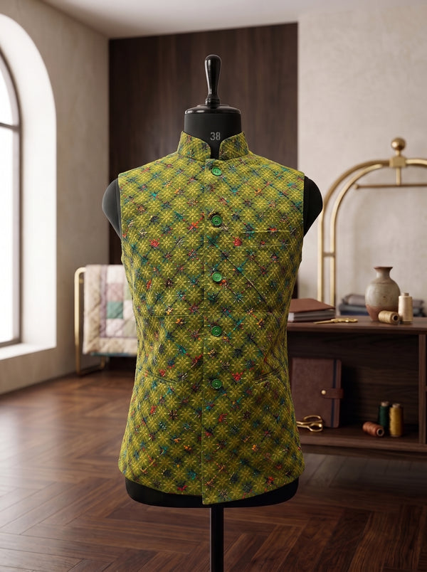 Mens Koti in green fabric with intricate patterns, frontal view featuring SPAADAA KOTI-FF-1