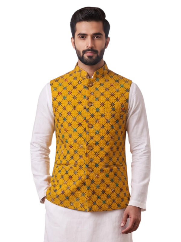 MENS KOTI in yellow floral print fabric with front view; SPAADAA KOTI-FF-1