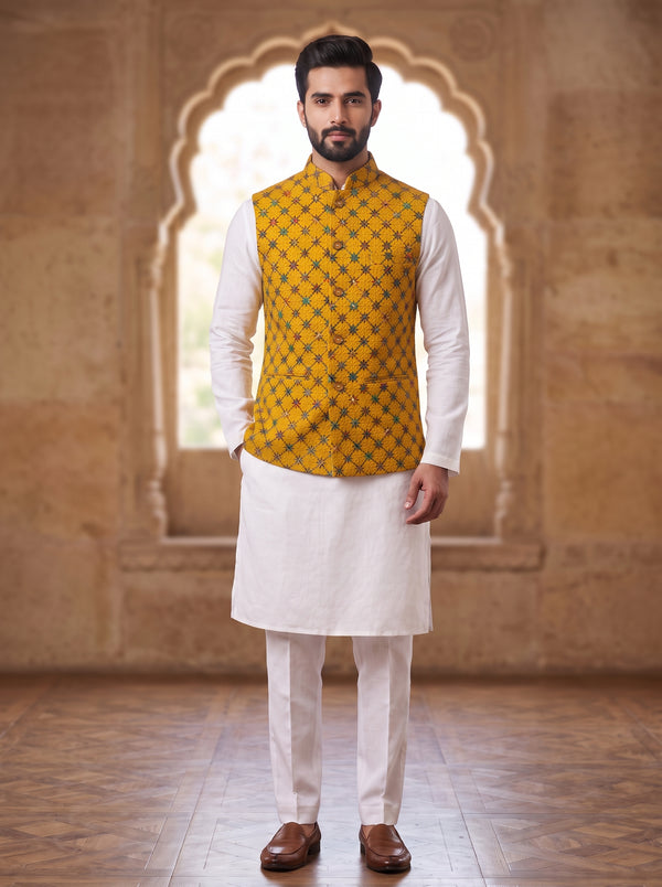 MENS KOTI in yellow with geometric print and cotton fabric, front view; SPAADAA KOTI-FF-1