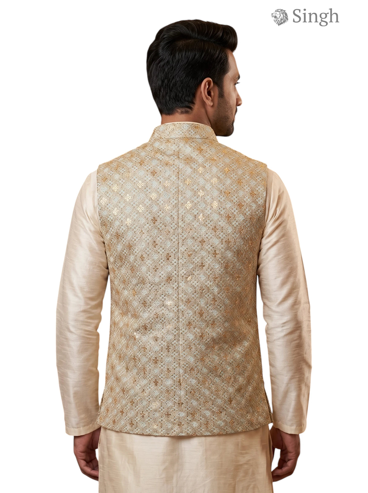 Men's beige SPAADAA KOTI FF-18 in embroidered fabric, back view showcasing elegant design