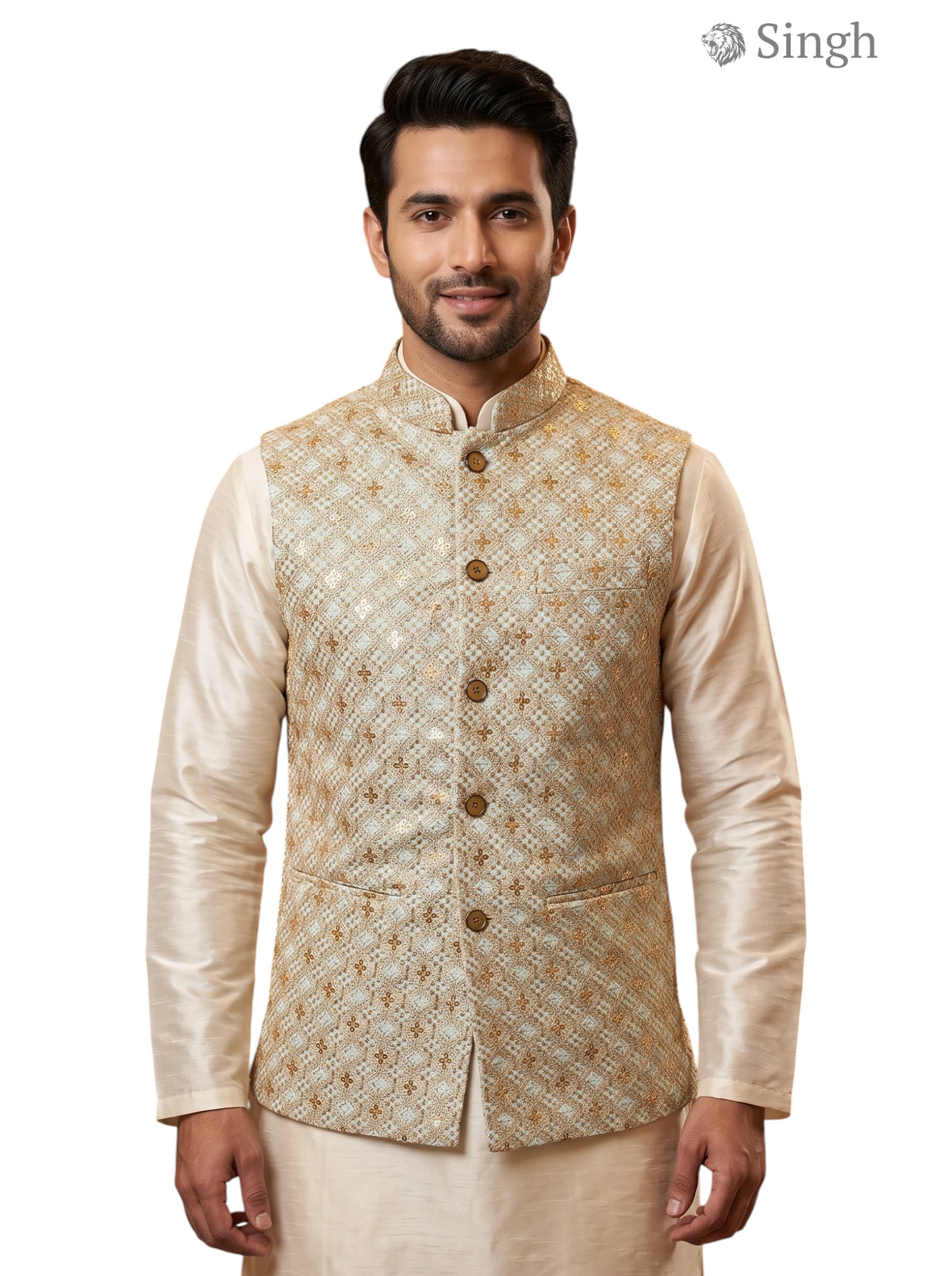 Mens Koti in Golden Color with Embroidered Fabric Front View - SPAADAA KOTI FF-18