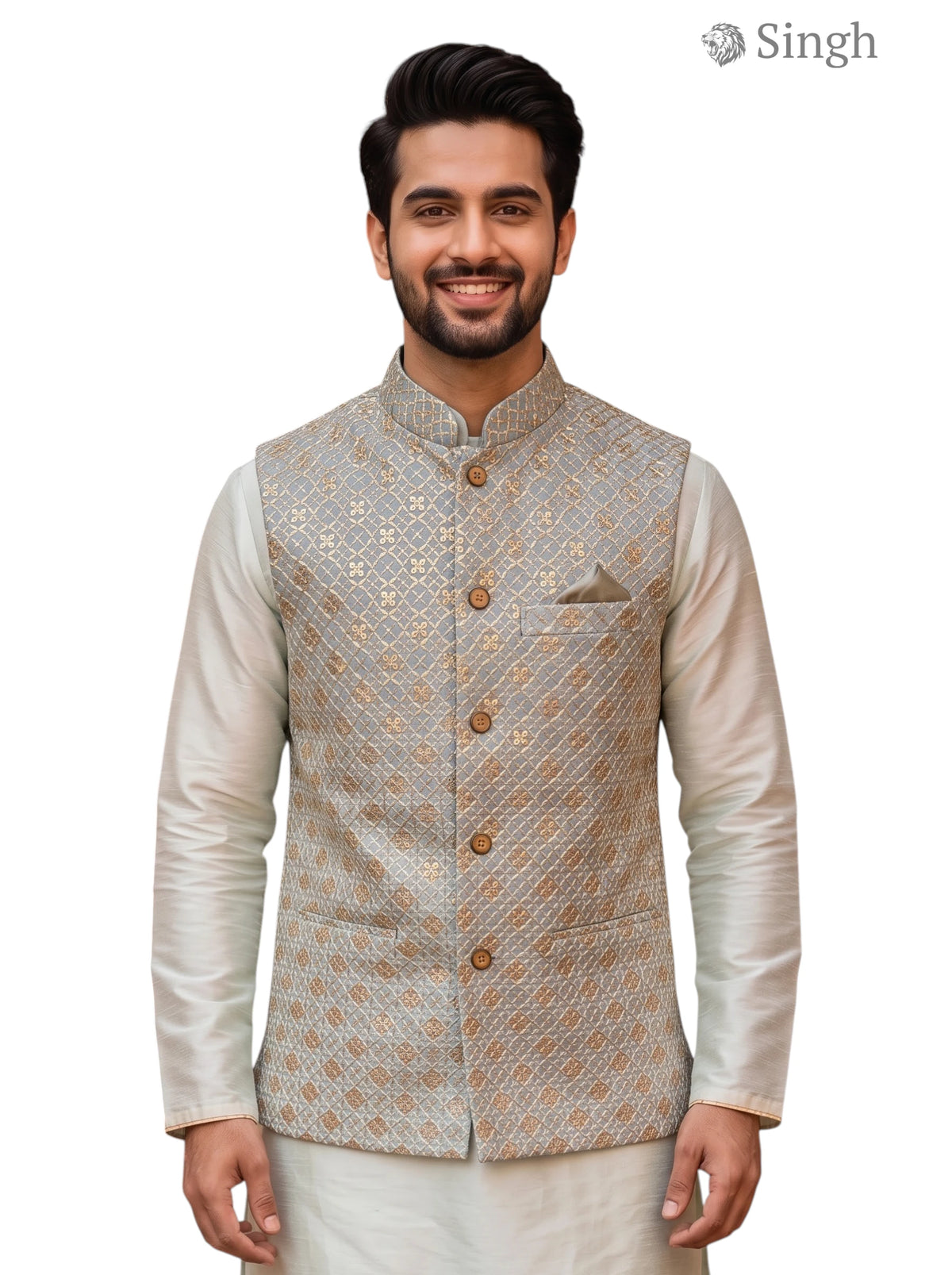 Mens Koti in Light Grey with Silk Fabric, Front View, SPAADAA KOTI FF-5