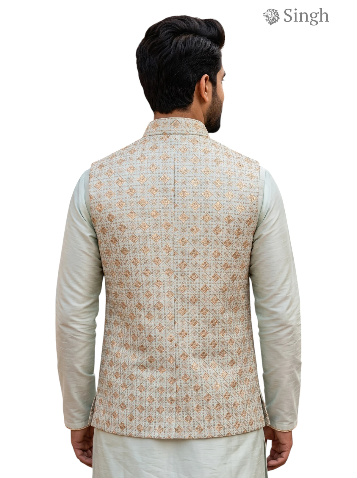 Men's beige SPAADAA KOTI FF-8 in textured fabric, back view, elegant design for festive occasions