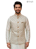 Traditional cream-colored SPAADAA KOTI FF-8 jacket in fabric with a stylish pattern, front view