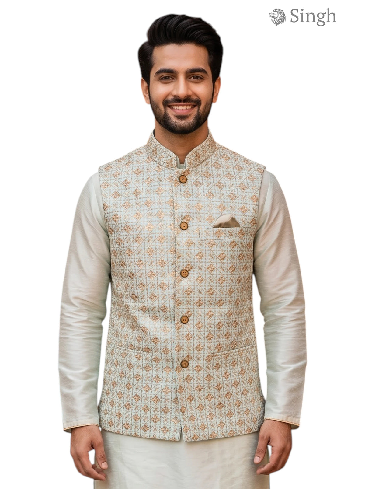 Traditional cream-colored SPAADAA KOTI FF-8 jacket in fabric with a stylish pattern, front view