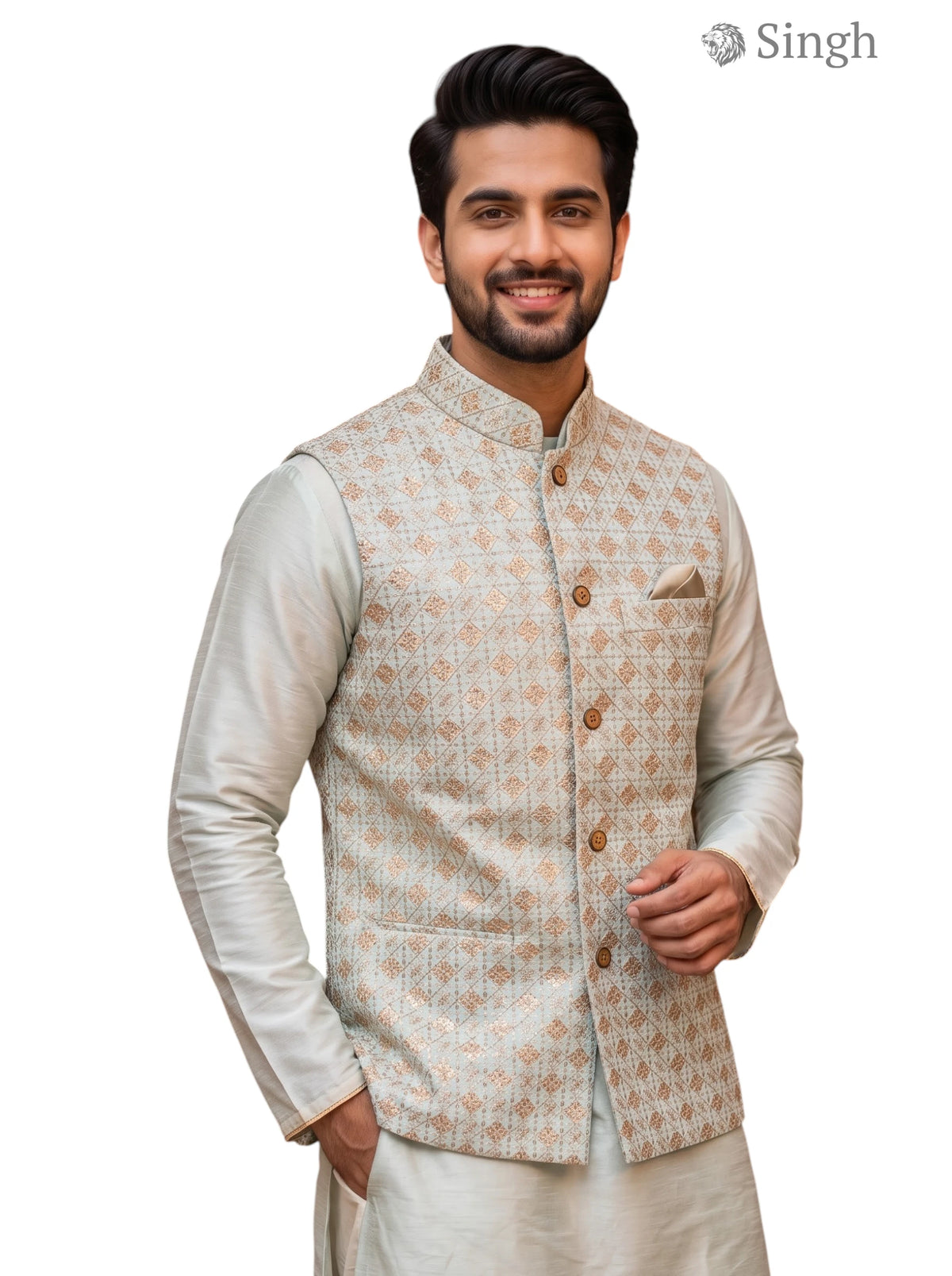 Men's cream SPAADAA KOTI FF-8 in patterned fabric, stylish buttoned design, front angle view
