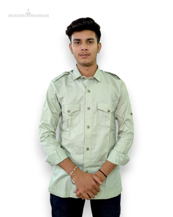 Modern Marwar stylish men's hunting shirts online in light green with two chest pockets