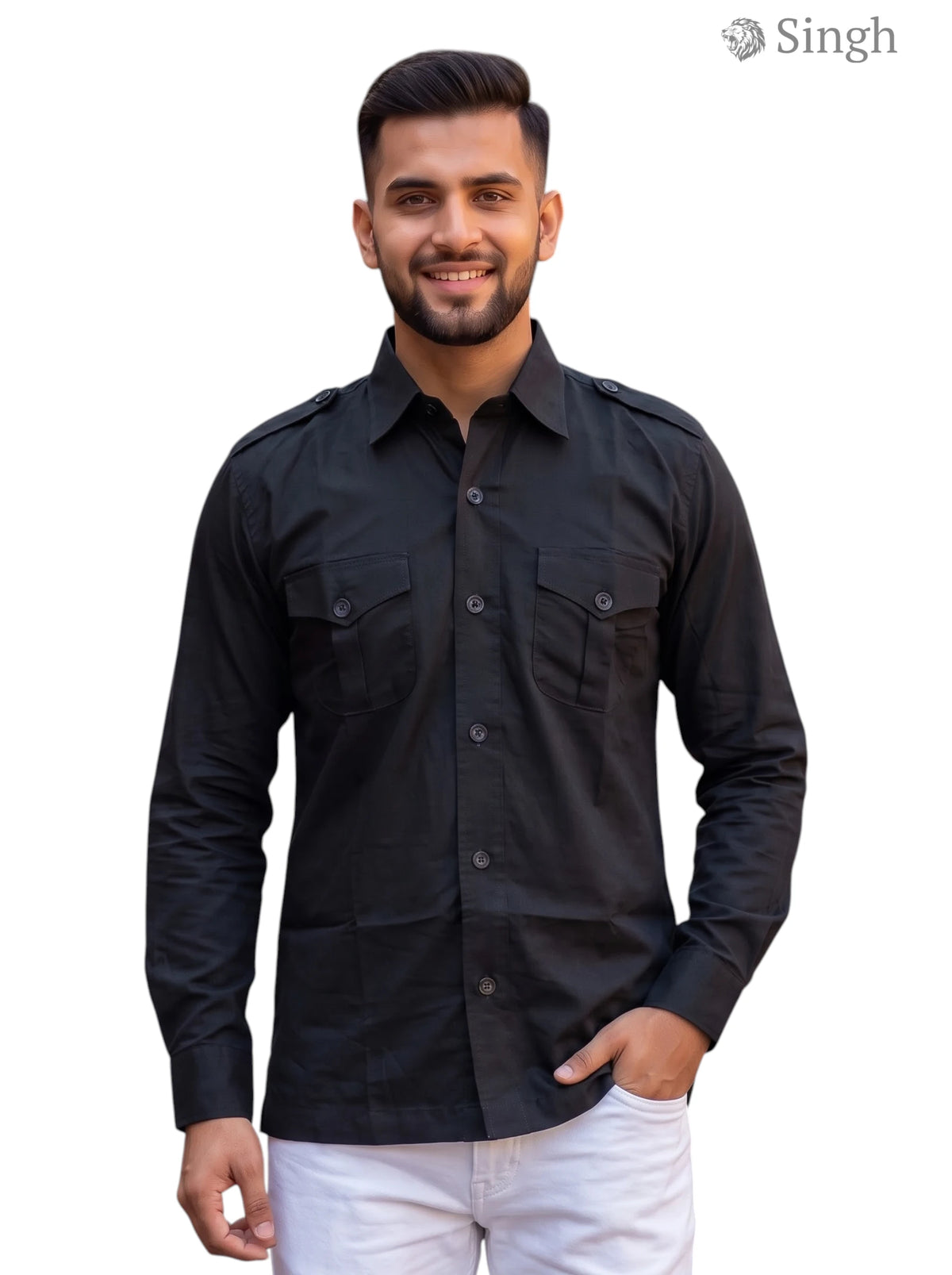 M Hunting Shirt in Black Cotton with Front Pockets and Shoulder Straps
