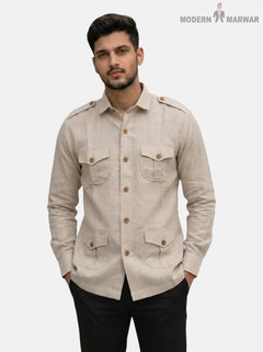 M Khaki Hunting Linen 4P-13-5019 Shirt with Front Pockets, Front View