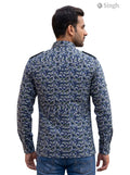 M Camo Hunting Shirt in Blue Fabric from SINGH, showing back view with stylish design