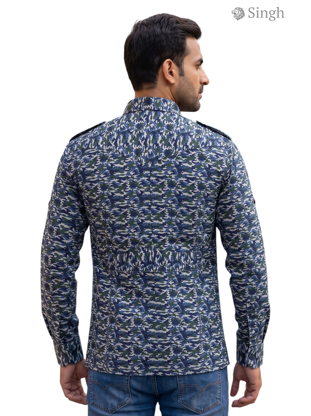 M Camo Hunting Shirt in Blue Fabric from SINGH, showing back view with stylish design