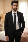 Black Modern Marwar Two Button With Work Blazer in elegant fabric, displayed from the front