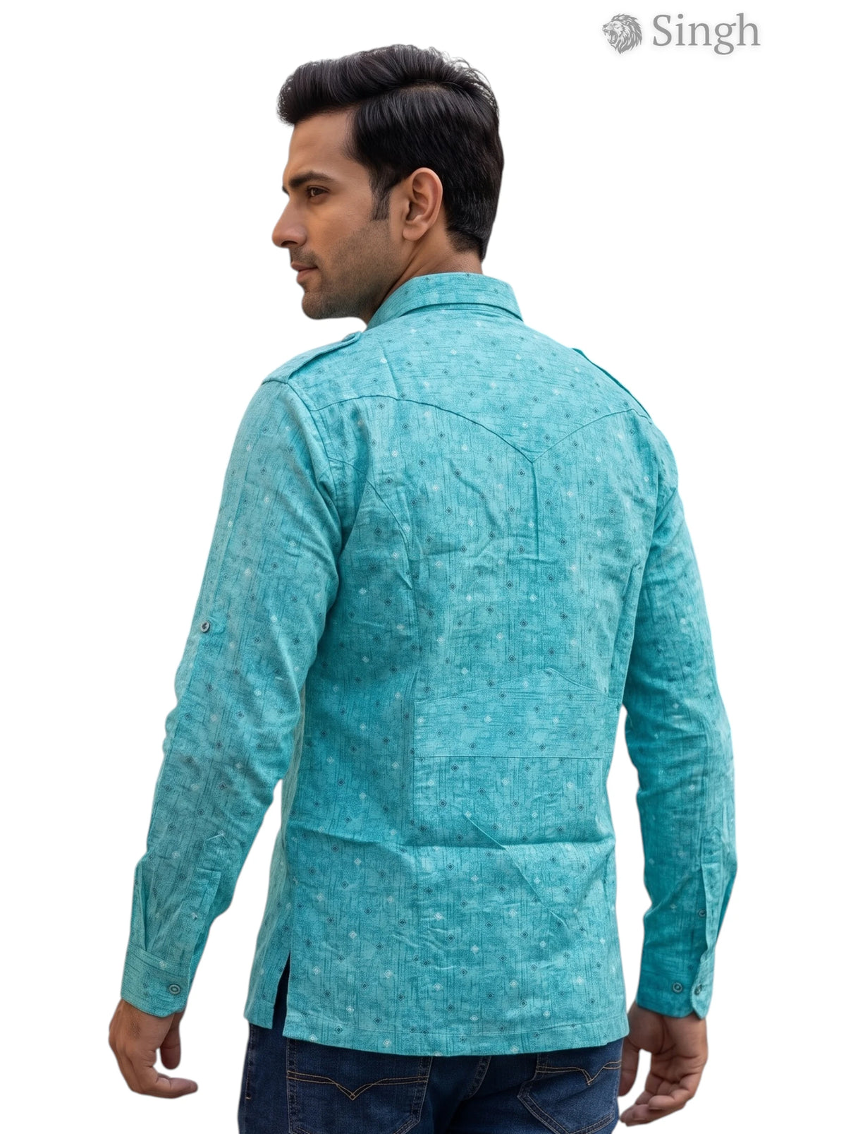 M Hunting Shirt in turquoise color made of soft fabric, featuring a back view for style reference, v