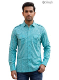 M Hunting Shirt in teal color with cotton fabric displayed front view featuring button pockets v