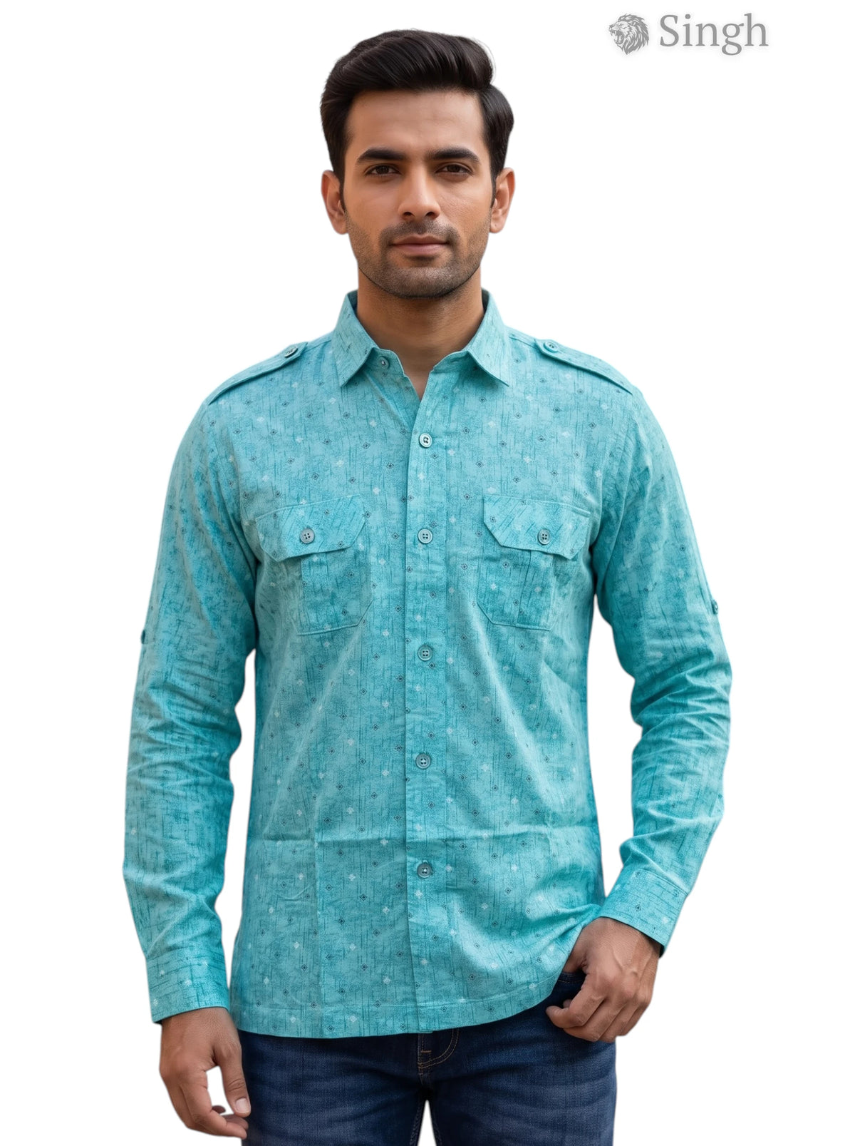 M Hunting Shirt in teal color with cotton fabric displayed front view featuring button pockets v
