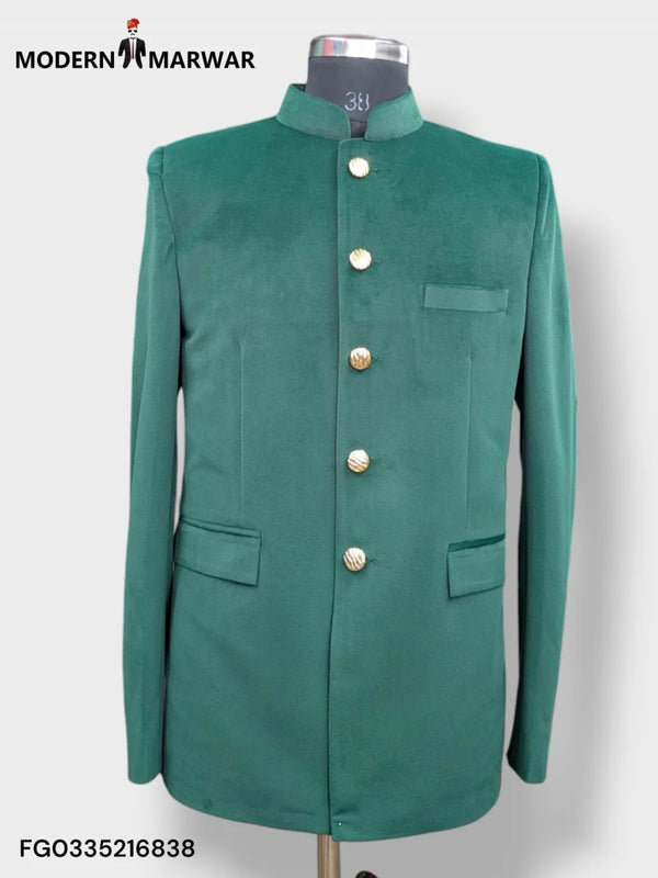 Elegant green M Jodhpuri Suit featuring a velvet coat for men with golden buttons and a stylish collar