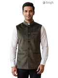 Mens Velvet Koti in Olive Green Fabric, Front View - VELVET KOTI-5060-13