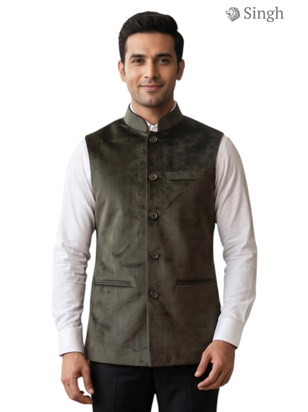 Mens Velvet Koti in Olive Green Fabric, Front View - VELVET KOTI-5060-13