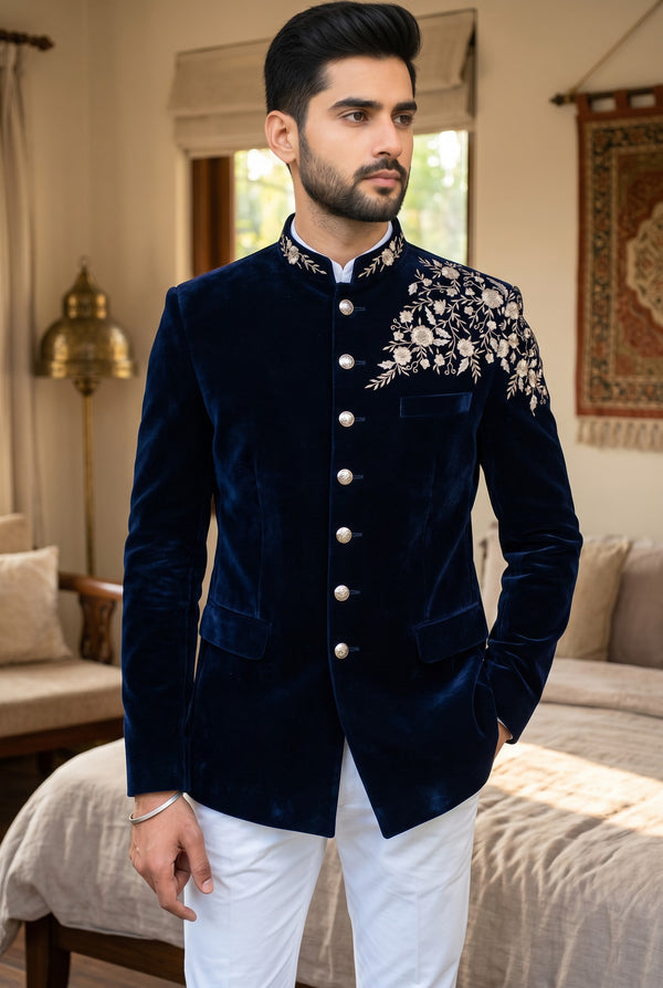 Men's Navy Velvet Work Degine Suit with Embroidered Design, Front View