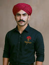 Black men's Rajput design shirt with embroidered red turban and Rajput text on chest
