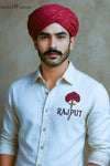 Men's Rajput design shirt in white with embroidered red turban and dagger logo on chest