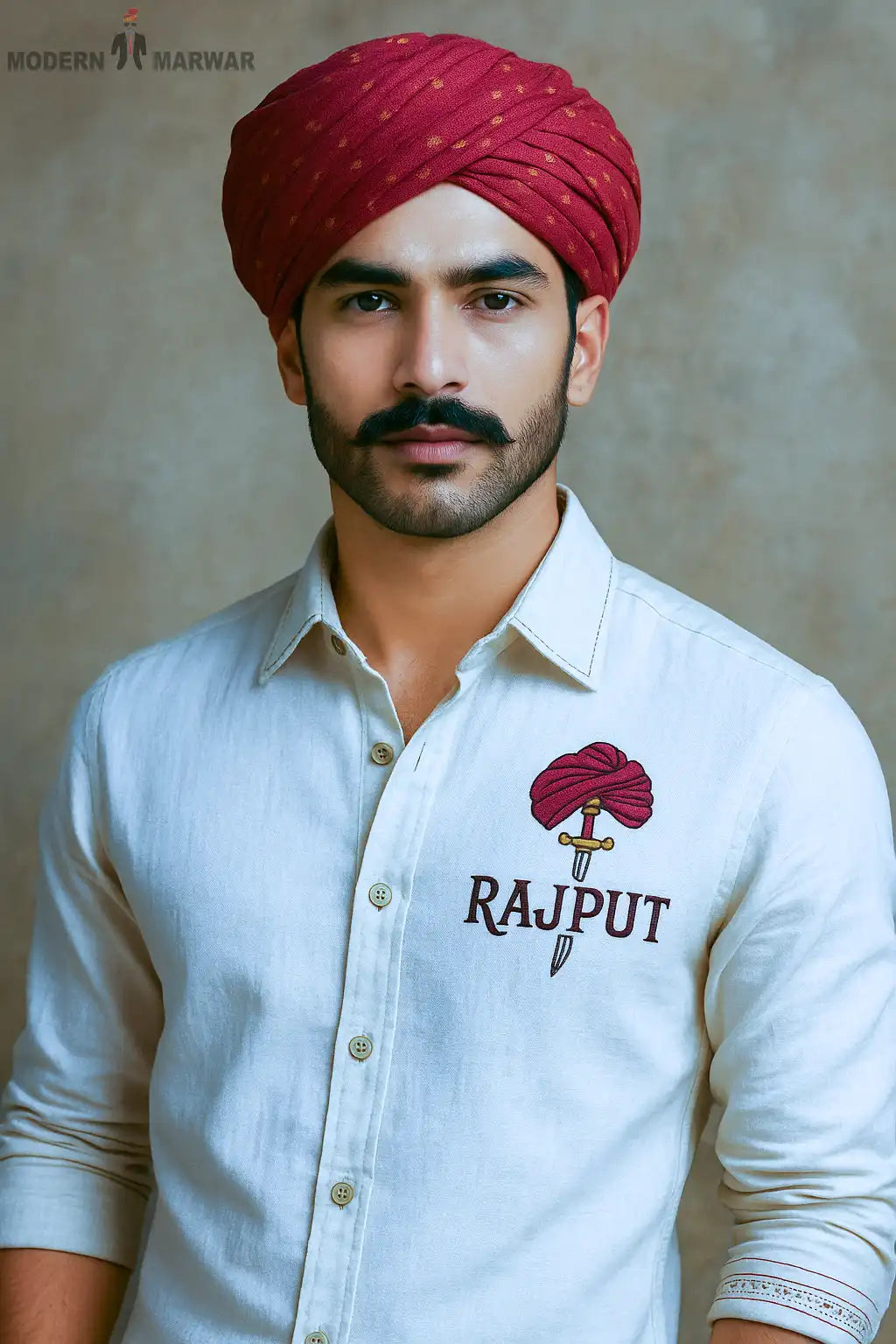 Men's Rajput design shirt in white with embroidered red turban and dagger logo on chest