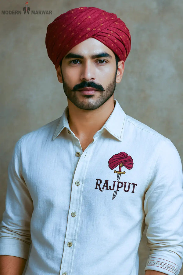 Men's Rajput design shirt in white with embroidered red turban and dagger logo on chest