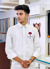 Men's Rajput design shirt in white with embroidered red and black Rajput emblem
