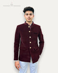Maroon Modern Marwar Jodhpuri Suit with velvet coat suit for weddings, featuring stylish buttons and a sleek design.