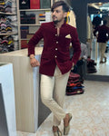 Elegant maroon M Jodhpuri Suit with a velvet coat suit for weddings, styled with silk trousers and stylish shoes