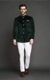 Green velvet coat suit for weddings featuring a stylish design and elegant buttons