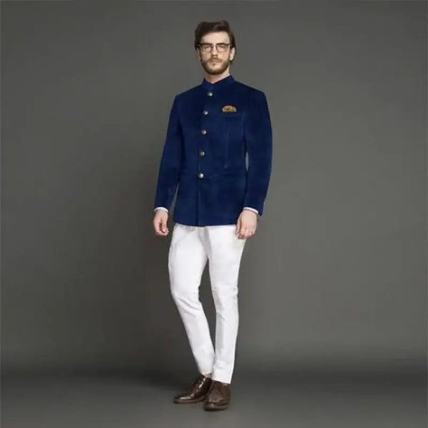 Elegant M Jodhpuri suit featuring a blue velvet coat suit for weddings paired with tailored white trousers