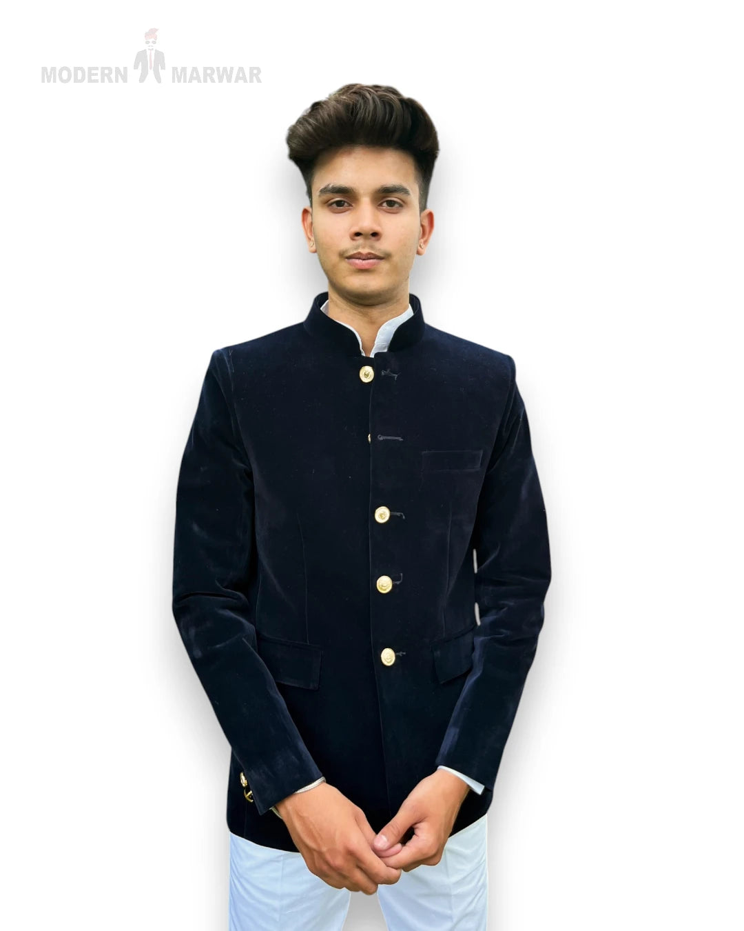 Men's Jodhpuri Suit from Modern Marwar, a stylish velvet coat suit for weddings in navy blue