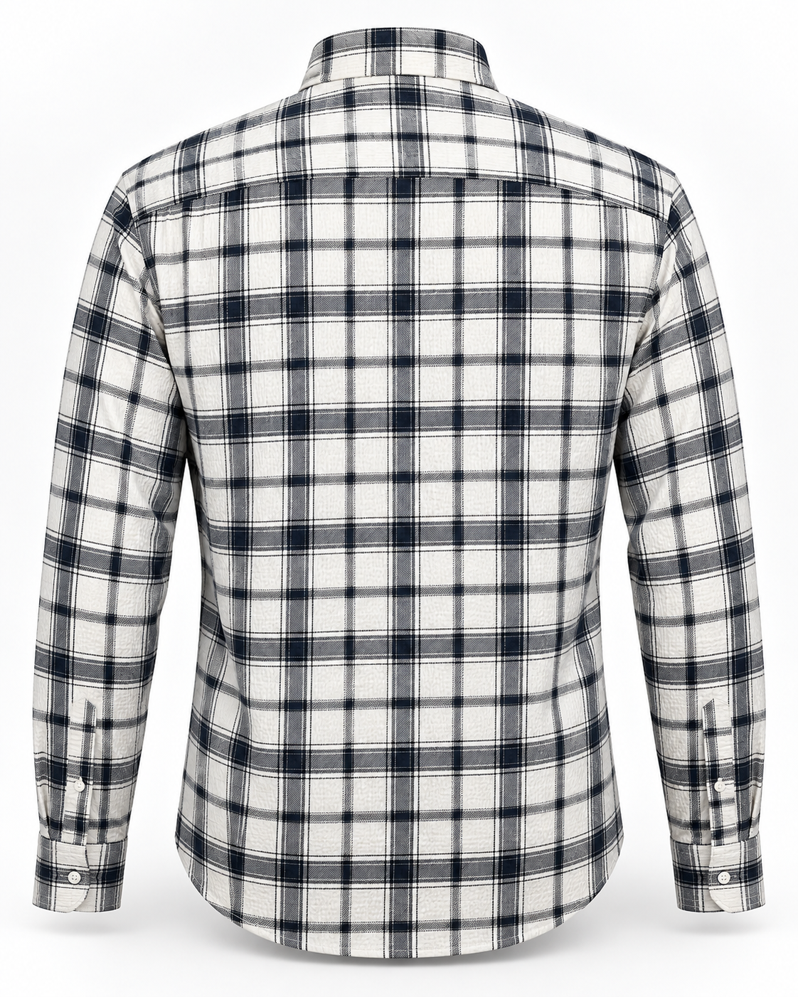 White and dark checked textured shirt – back view