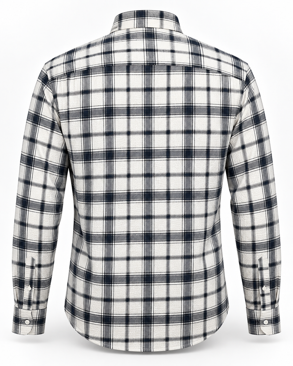 White and dark checked textured shirt – back view