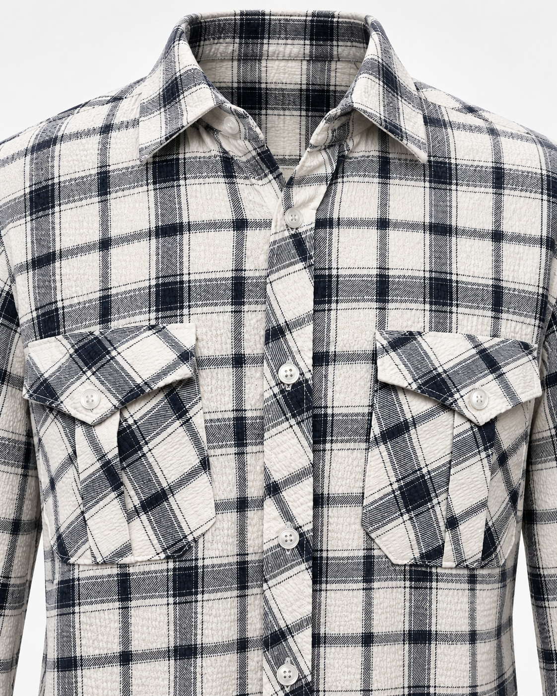 White and dark checked textured shirt – detail view