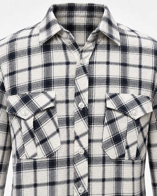 White and dark checked textured shirt – detail view