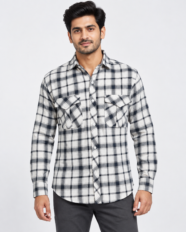 White and dark checked textured shirt – model view